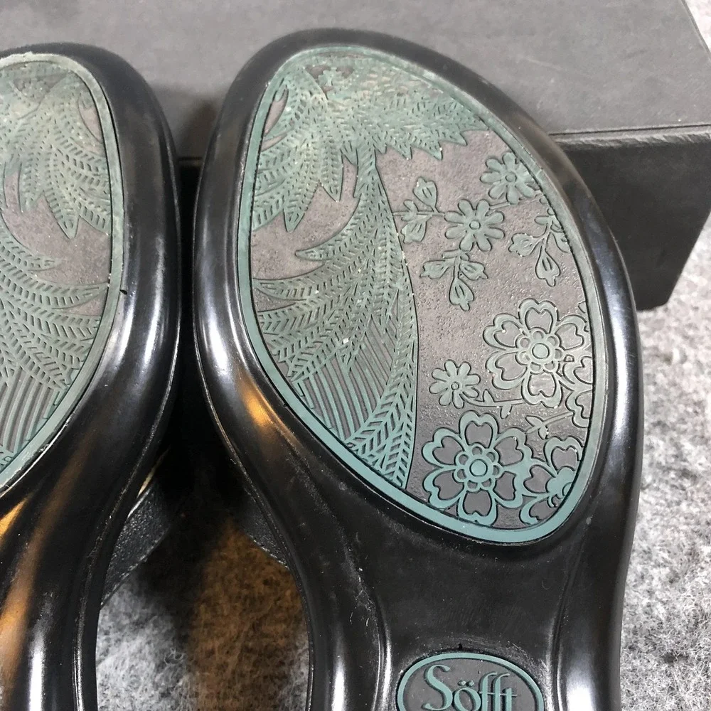 Sofft‎ Flower Wedge Sandals Womens 5.5 Black Leather Slide Comfort Casual